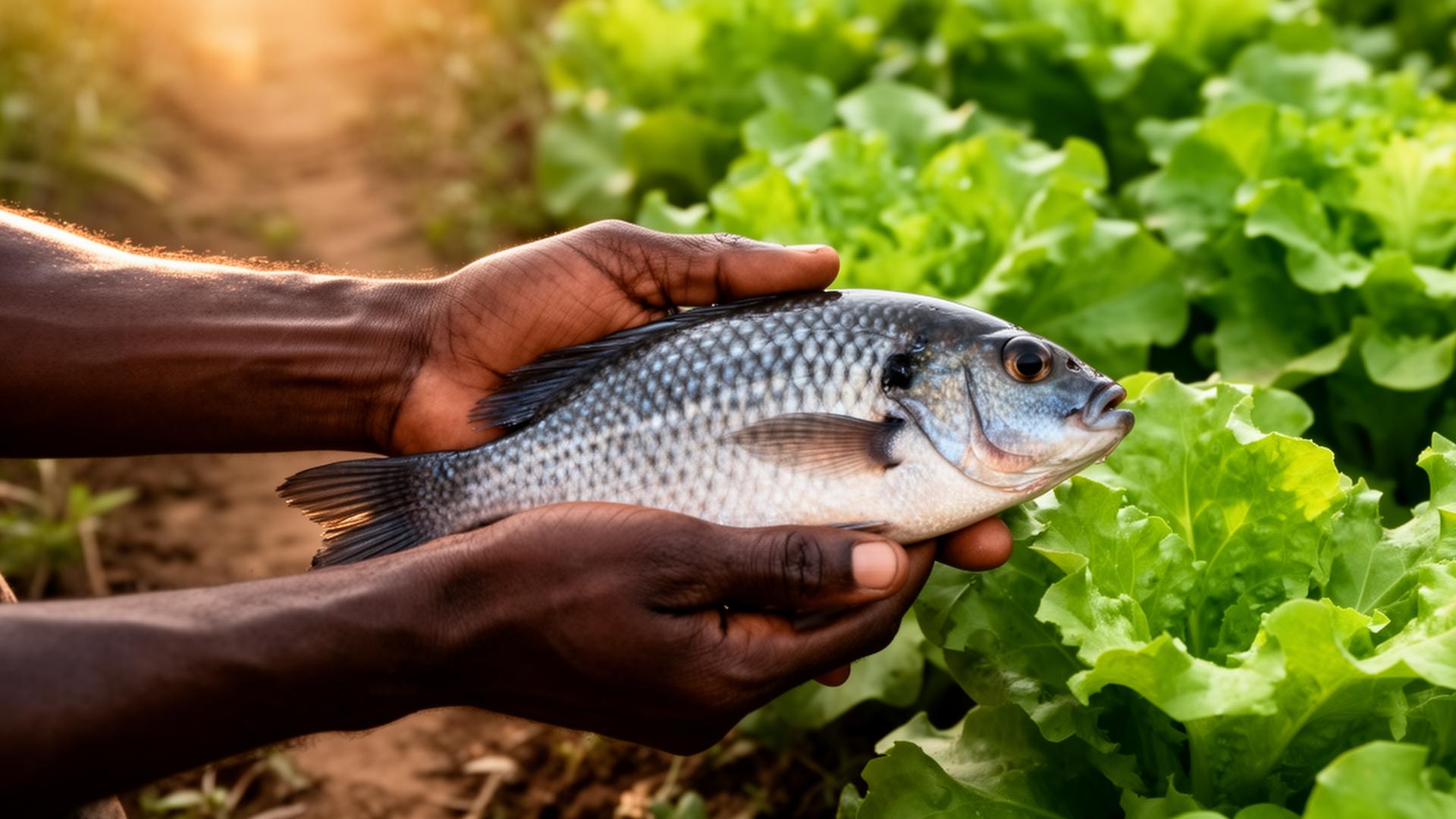 Hands holding a tilapia fish beside healthy green crops