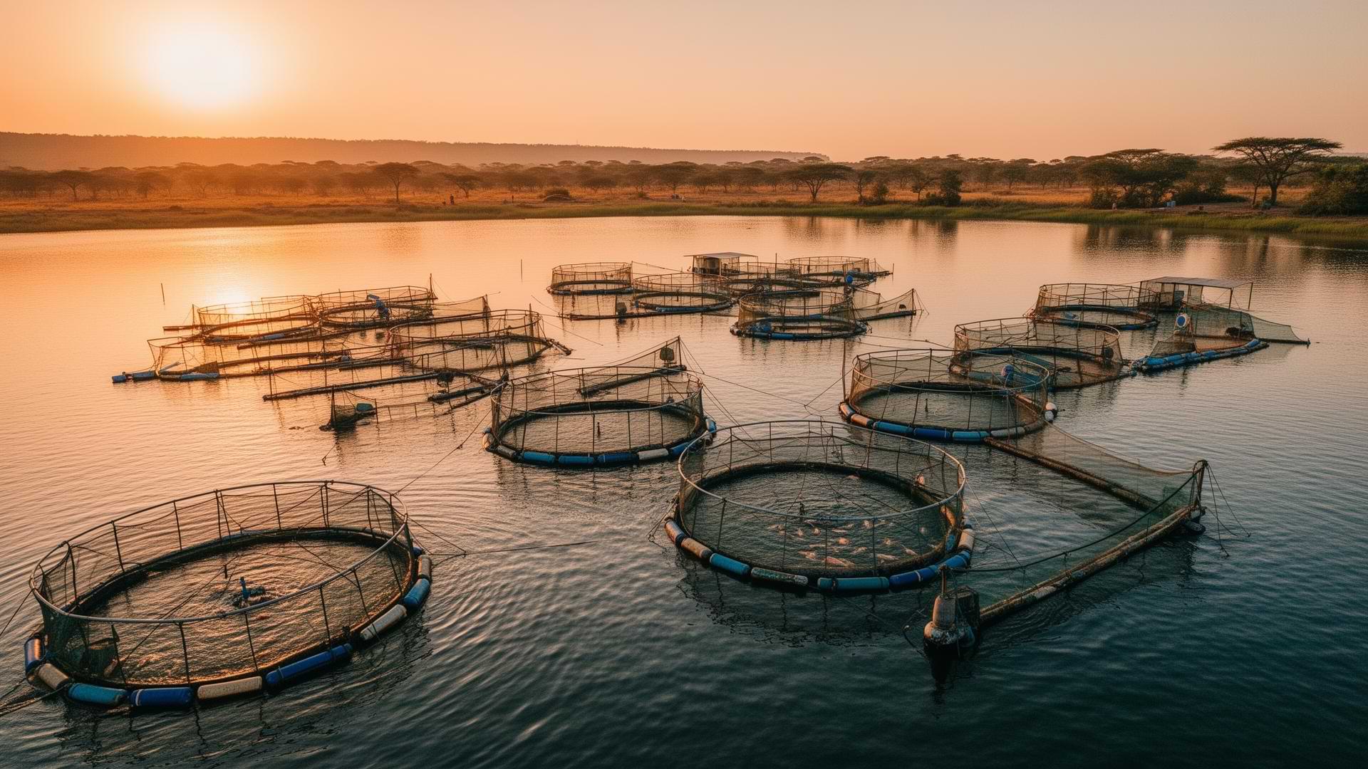 Aquaculture fish farm at sunrise in Tanzania