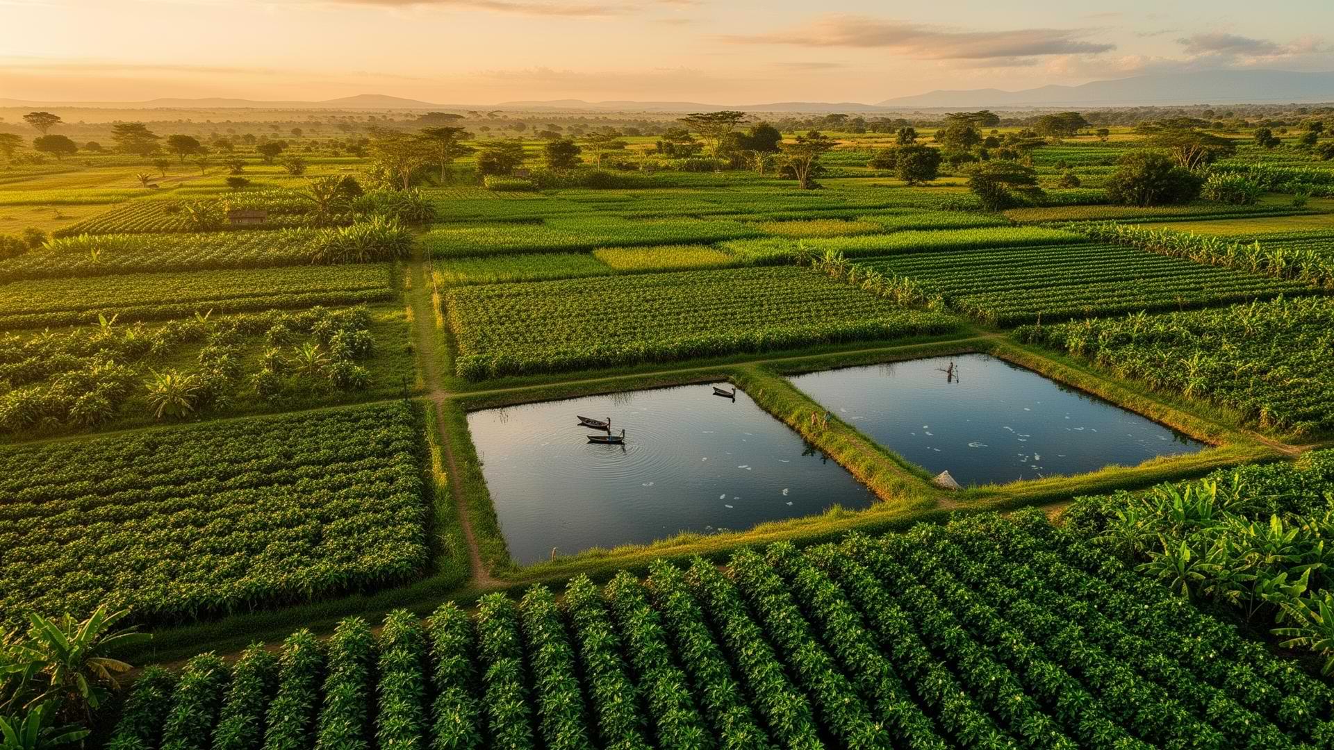 Wide green agricultural landscape with ponds at sunrise