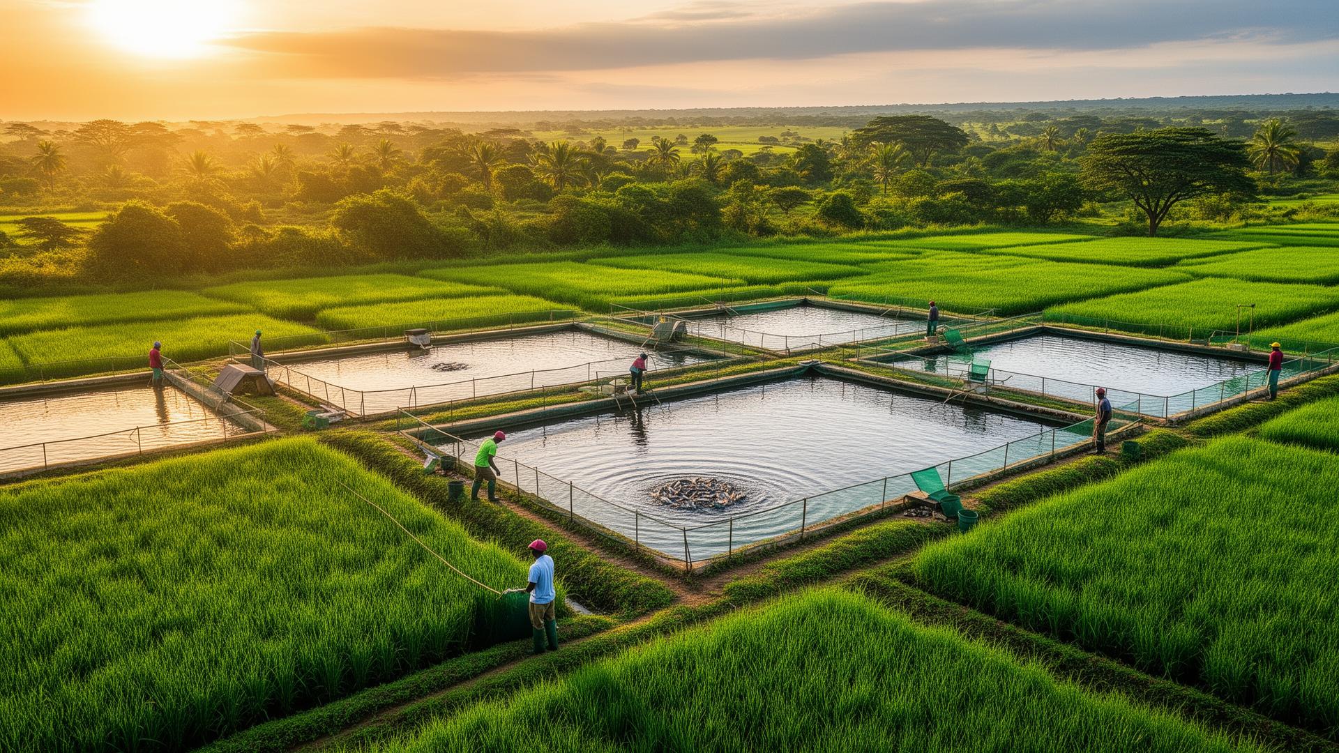 Integrated aquaculture ponds and green crop fields at sunrise